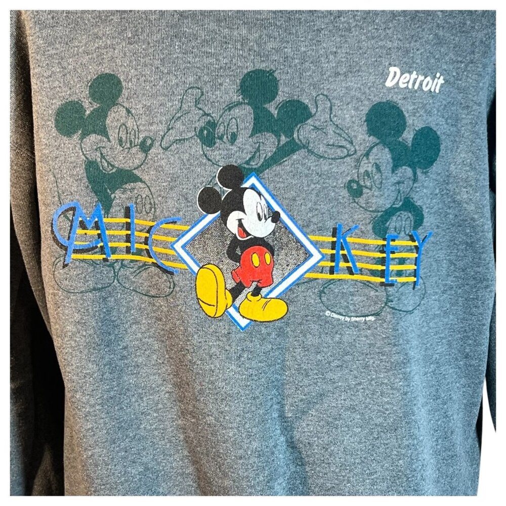 Vintage Disney Mickey Mouse Detroit Sweatshirt Size Large Tultex Gray Crewneck - Picture 2 of 7
